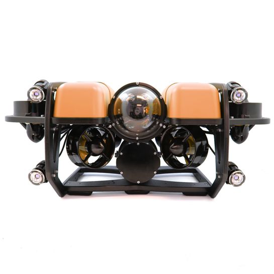 Sort og oransje BlueRov2 med thrustere, kamera og lys