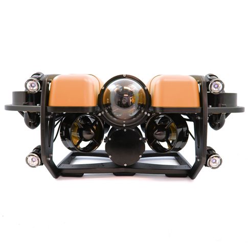 Sort og oransje BlueRov2 med thrustere, kamera og lys