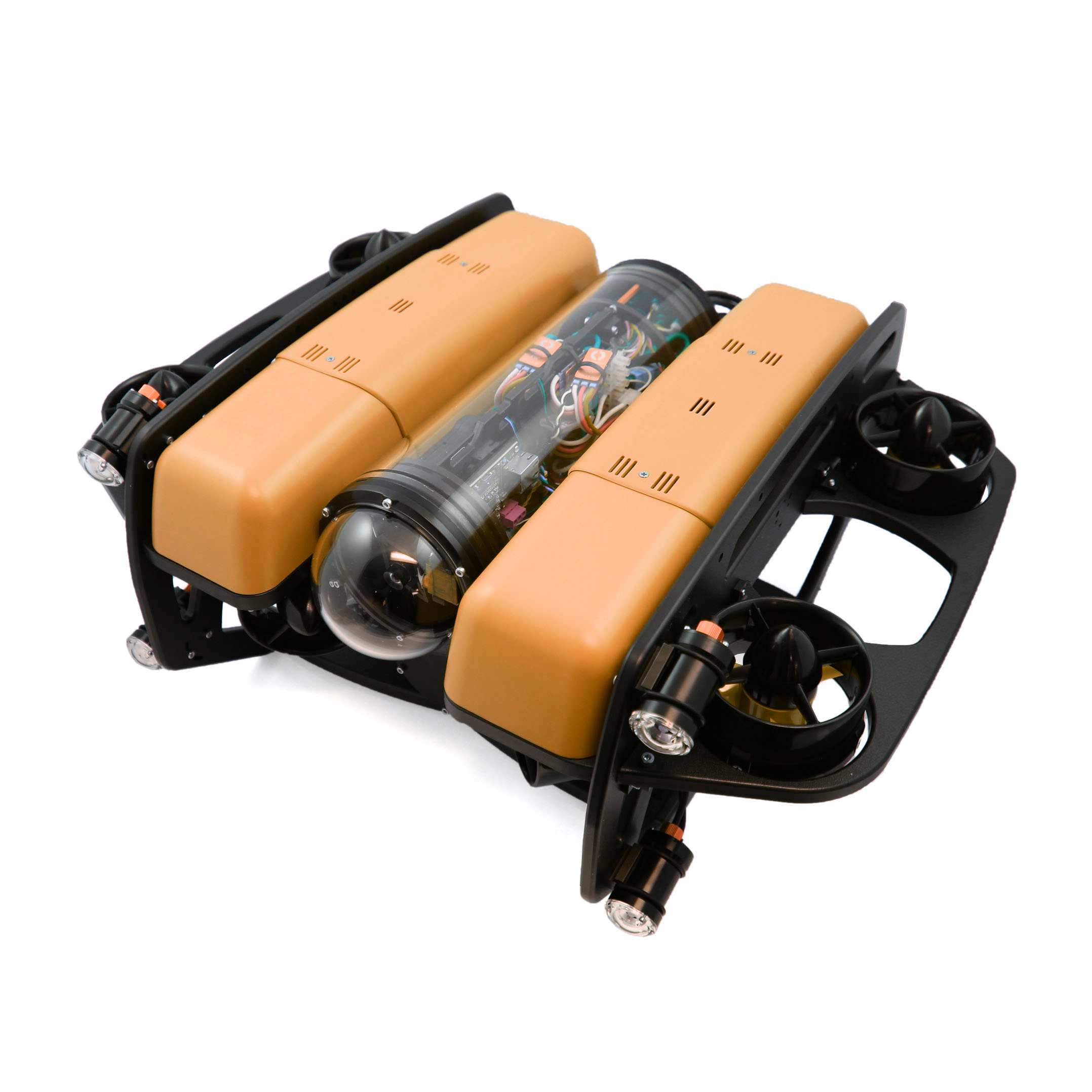 Sort og oransje BlueROV2 med thrustere, kamera og lys