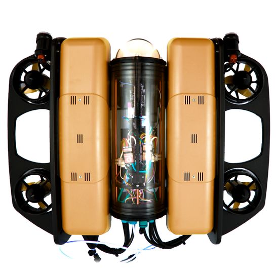 Sort og oransje BlueROV2 med thrustere, kamera og lys